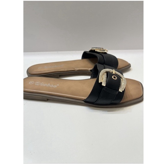 Weeboo Women's 9 Slip On Sandals Black Rhinestone Rose Gold Buckle - Picture 4 of 6